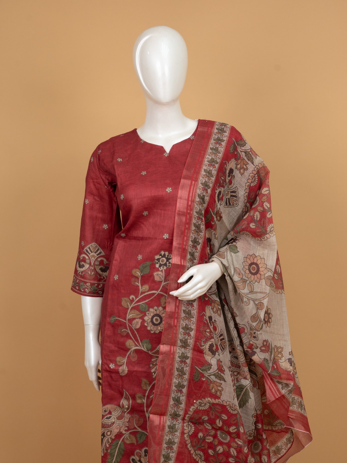 Rani Pink Embroidered Straight Cut Kurti Set with Kalamkari Dupatta