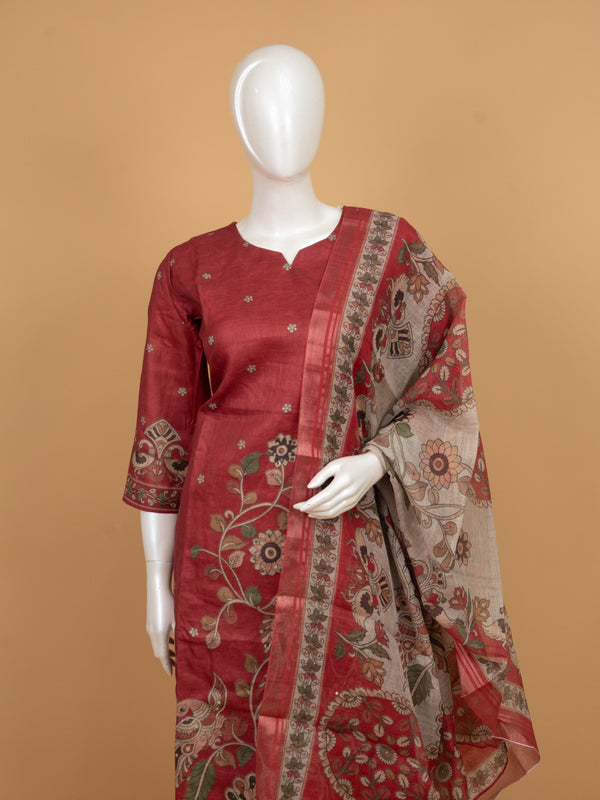 Rani Pink Embroidered Straight Cut Kurti Set with Kalamkari Dupatta