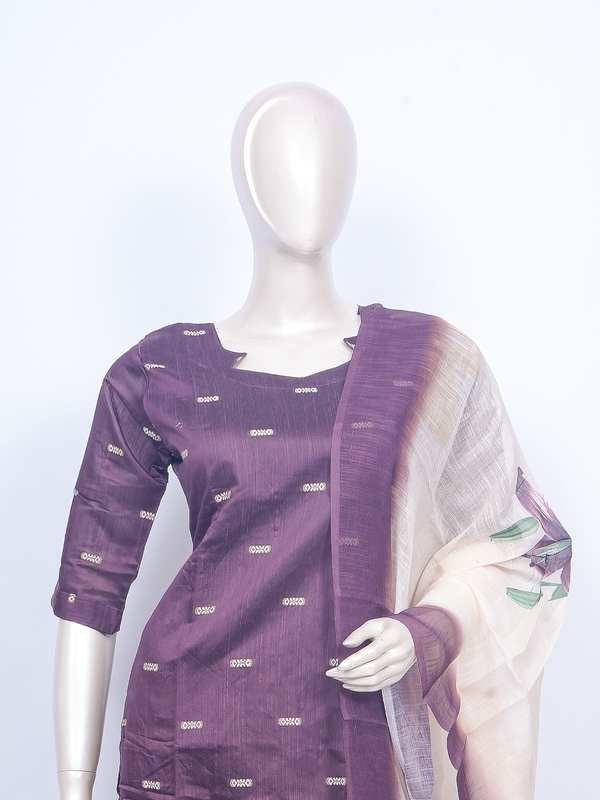 Purple zari butti kurti set with straight-fit cream pants and floral print dupatta