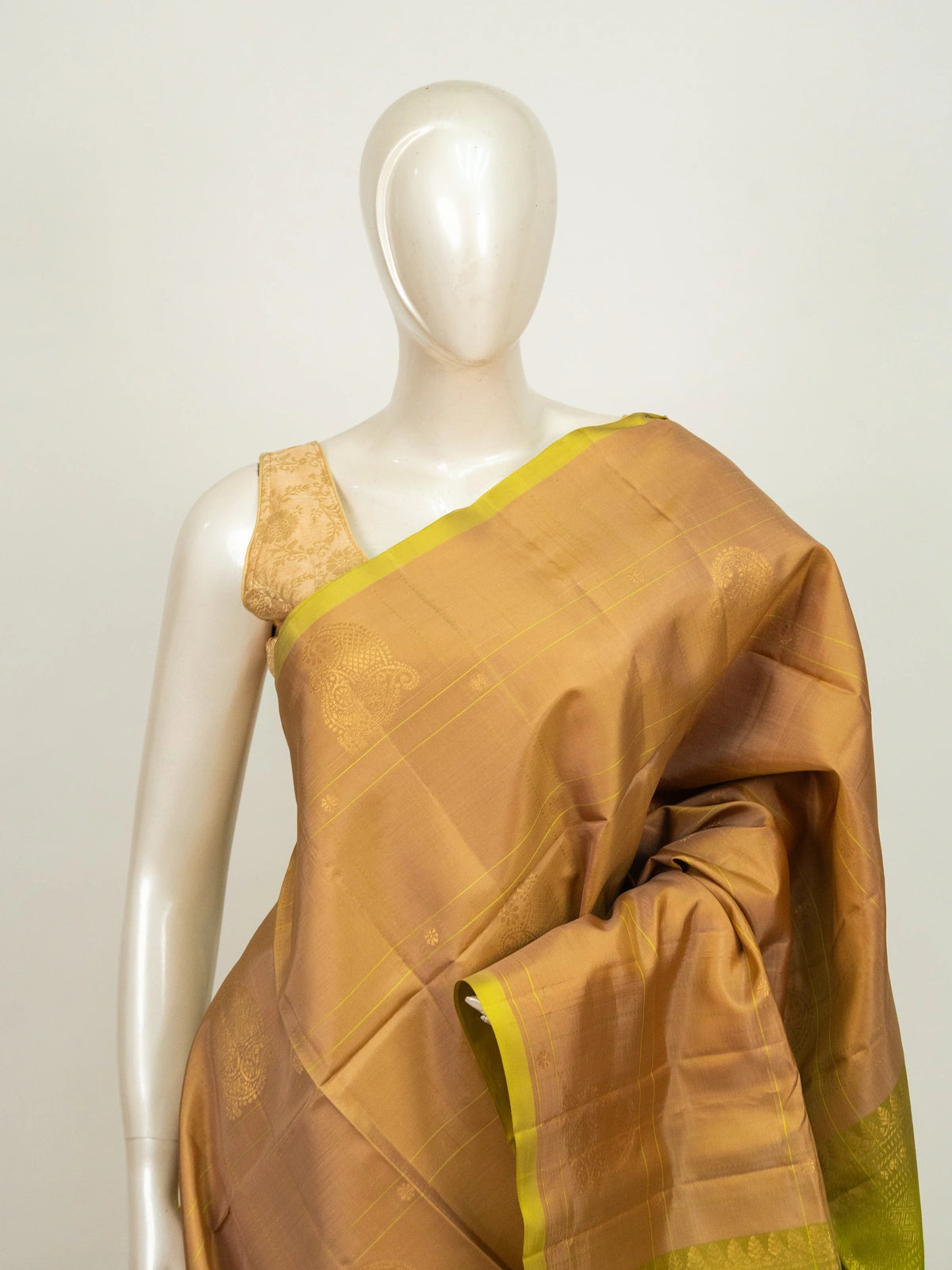 Copper gold Kanchipuram Pure Mix saree with lime green gold zari contrast border and pallu