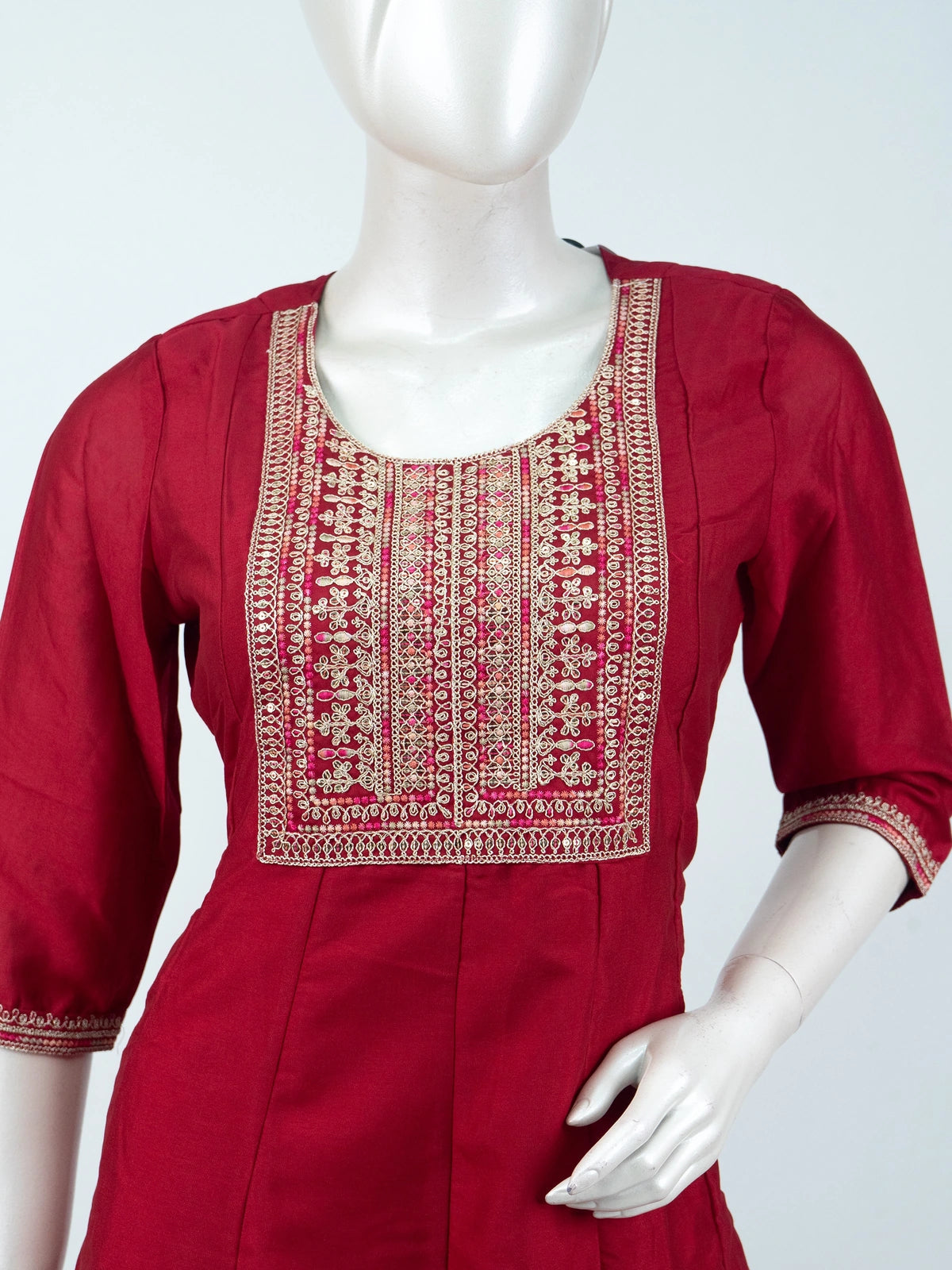 Maroon Zari embroidered Anarkali kurti top with gold neckline and hem border