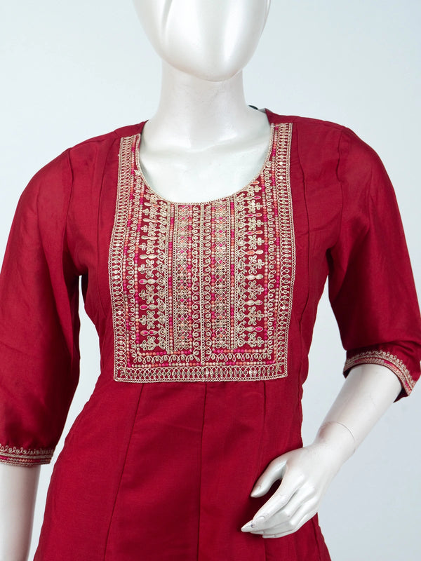 Maroon Zari embroidered Anarkali kurti top with gold neckline and hem border