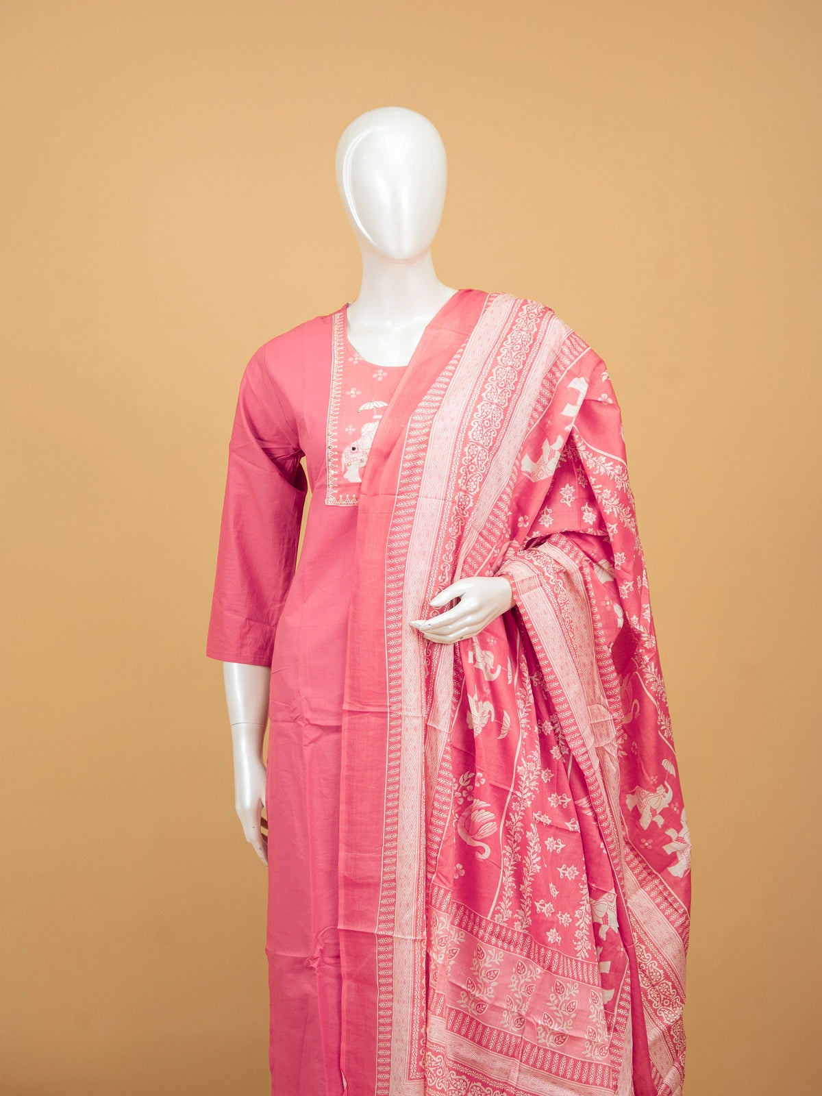 Pink cotton straight cut kurti set with elephant motif embroidered yoke and printed dupatta