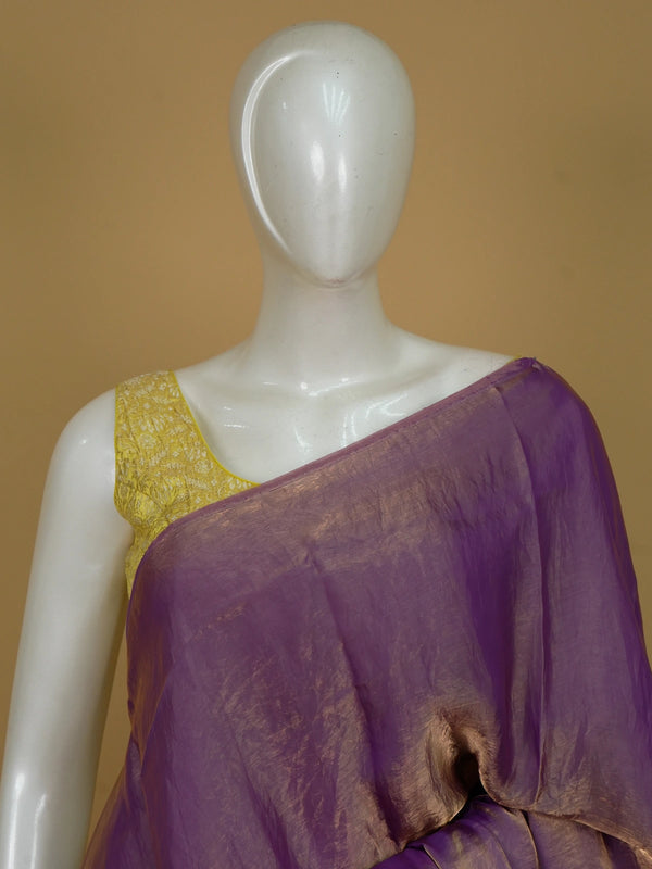 Lavender purple semi tussar saree with gold zari border and multicolour printed contrast blouse