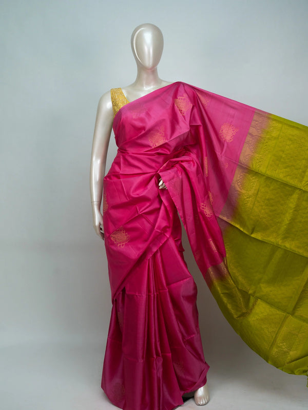 Pink pure soft silk saree with contrast lime-green zari border, pallu and gold zari buttas
