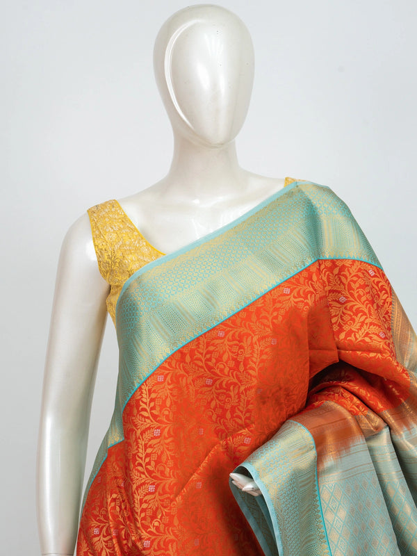 Orange Kanchipuram fancy silk saree with turquoise contrast border, gold zari floral body and diamond-patterned pallu