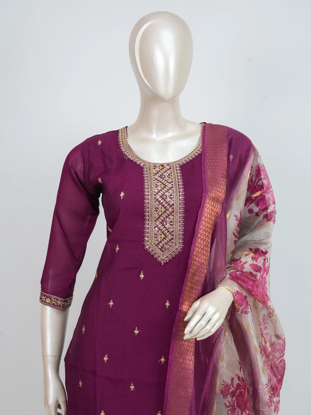 Wine purple zari embroidered straight cut kurti set with cream floral printed dupatta