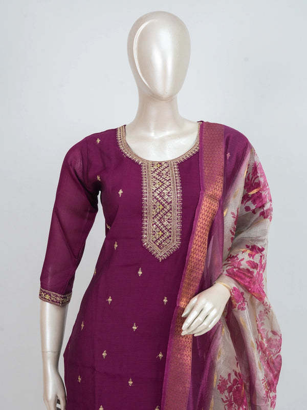 Wine purple zari embroidered straight cut kurti set with cream floral printed dupatta
