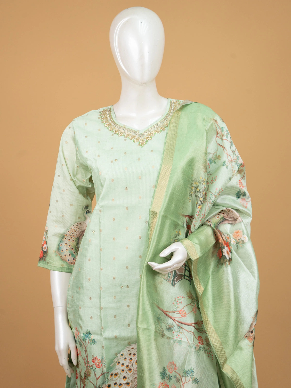 Pista green peacock print Chanderi silk straight cut kurti set with embellished neckline and printed dupatta