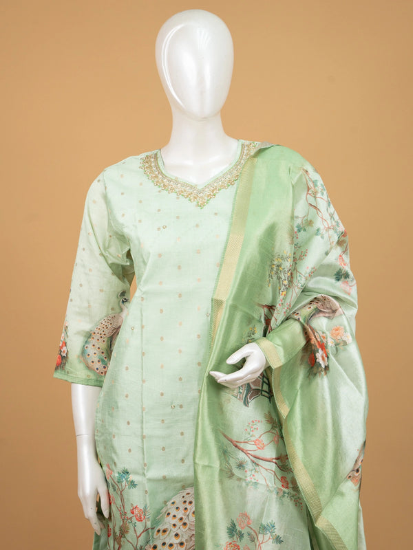 Pista green peacock print Chanderi silk straight cut kurti set with embellished neckline and printed dupatta