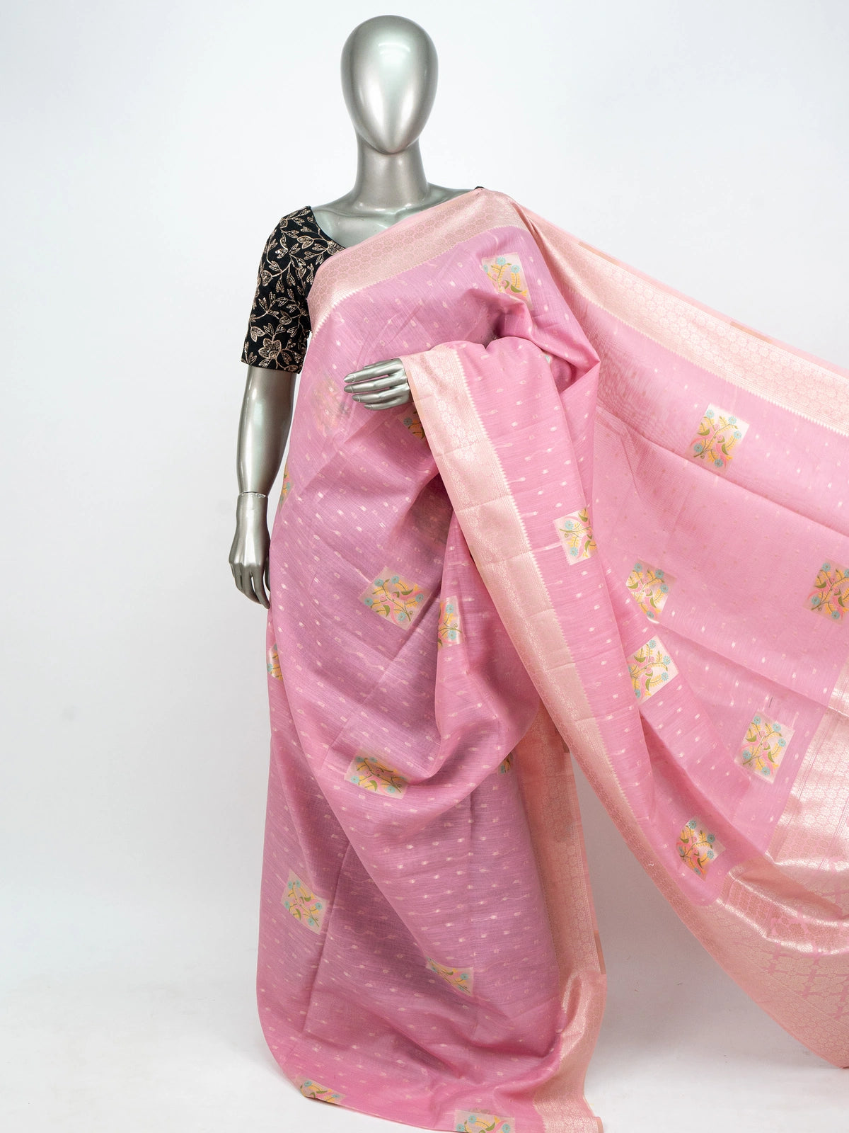 Pink linen cotton saree with silver zari border, buti weave and floral butta motifs