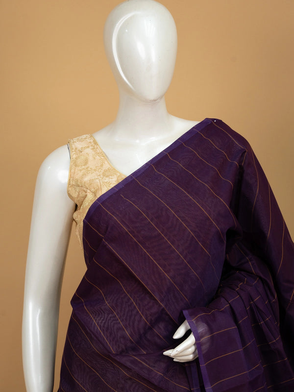 Purple silk cotton saree with gold stripes and mustard striped pallu