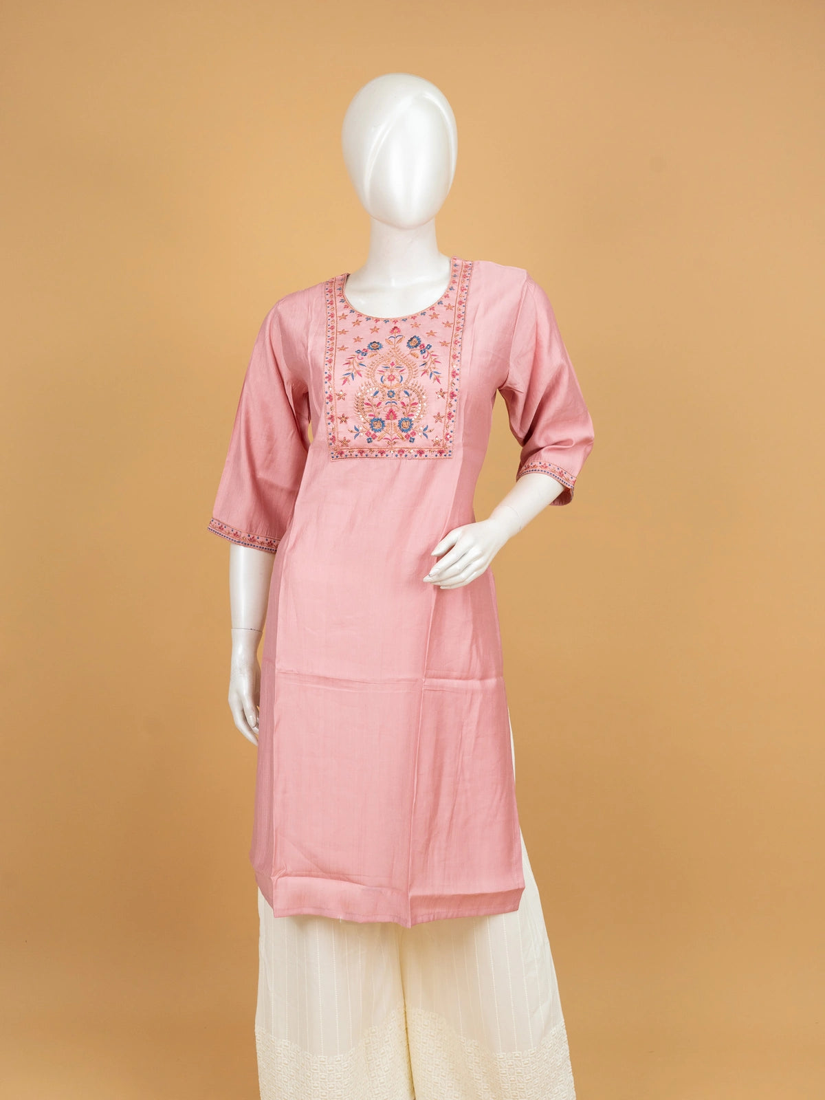 Rose pink floral embroidered Chanderi silk Anarkali kurti top with multicolour yoke embroidery