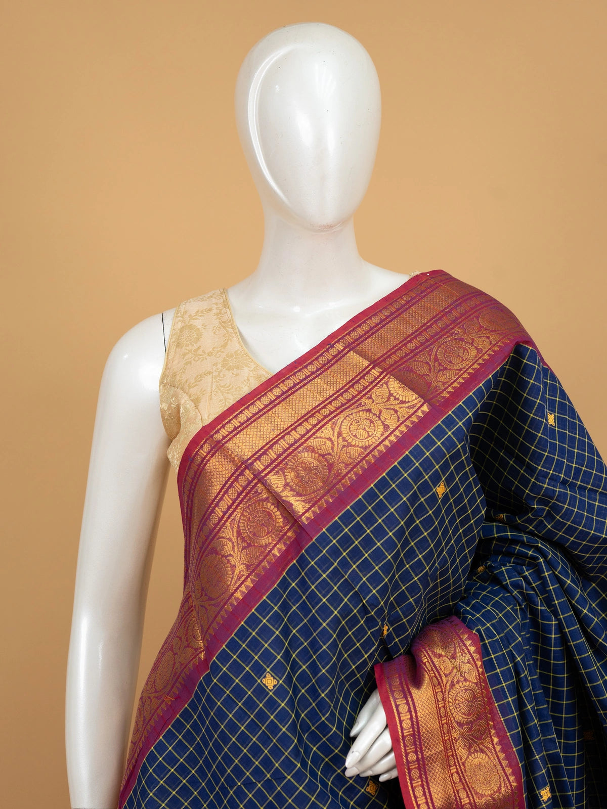 Blue Chettinad cotton saree with yellow checks and contrast magenta gold zari border