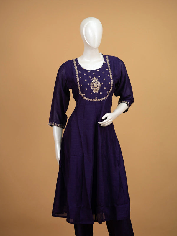 Purple cotton silk zari embroidered Anarkali kurti set with pants and dupatta
