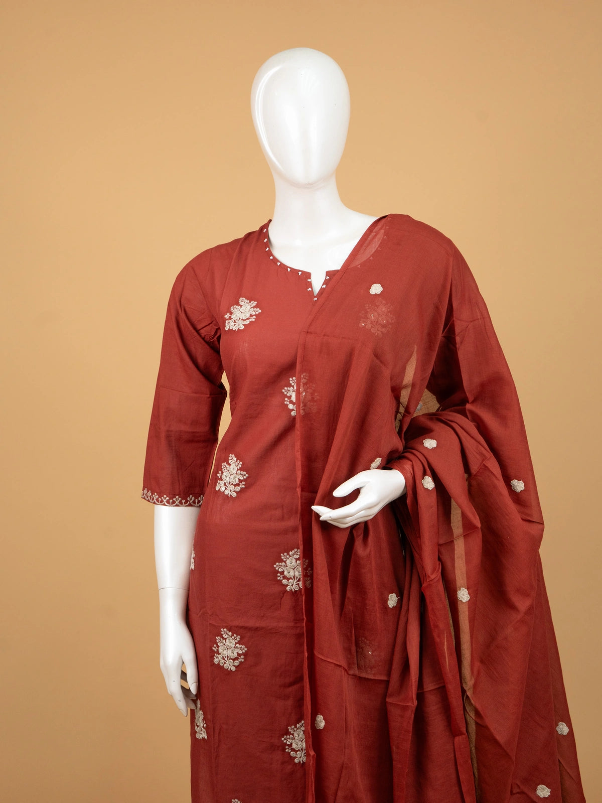 Rust Red Cotton Floral Embroidered Straight Cut Kurti Set with Dupatta