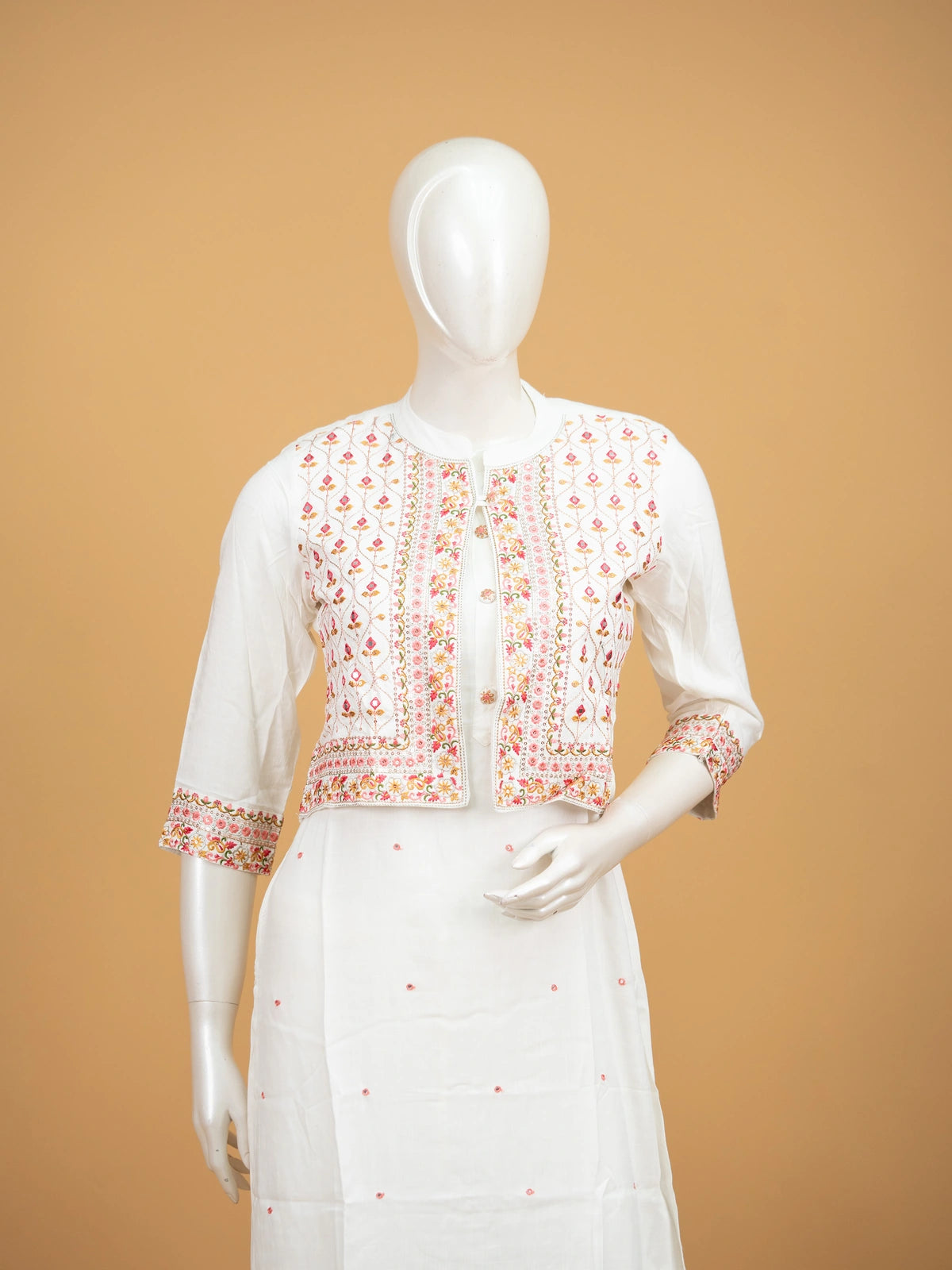 White cotton straight cut kurti set with multicolour embroidered cropped jacket and matching pants