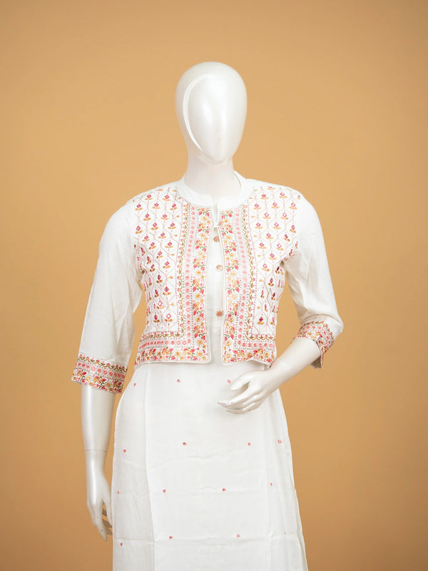 White cotton straight cut kurti set with multicolour embroidered cropped jacket and matching pants