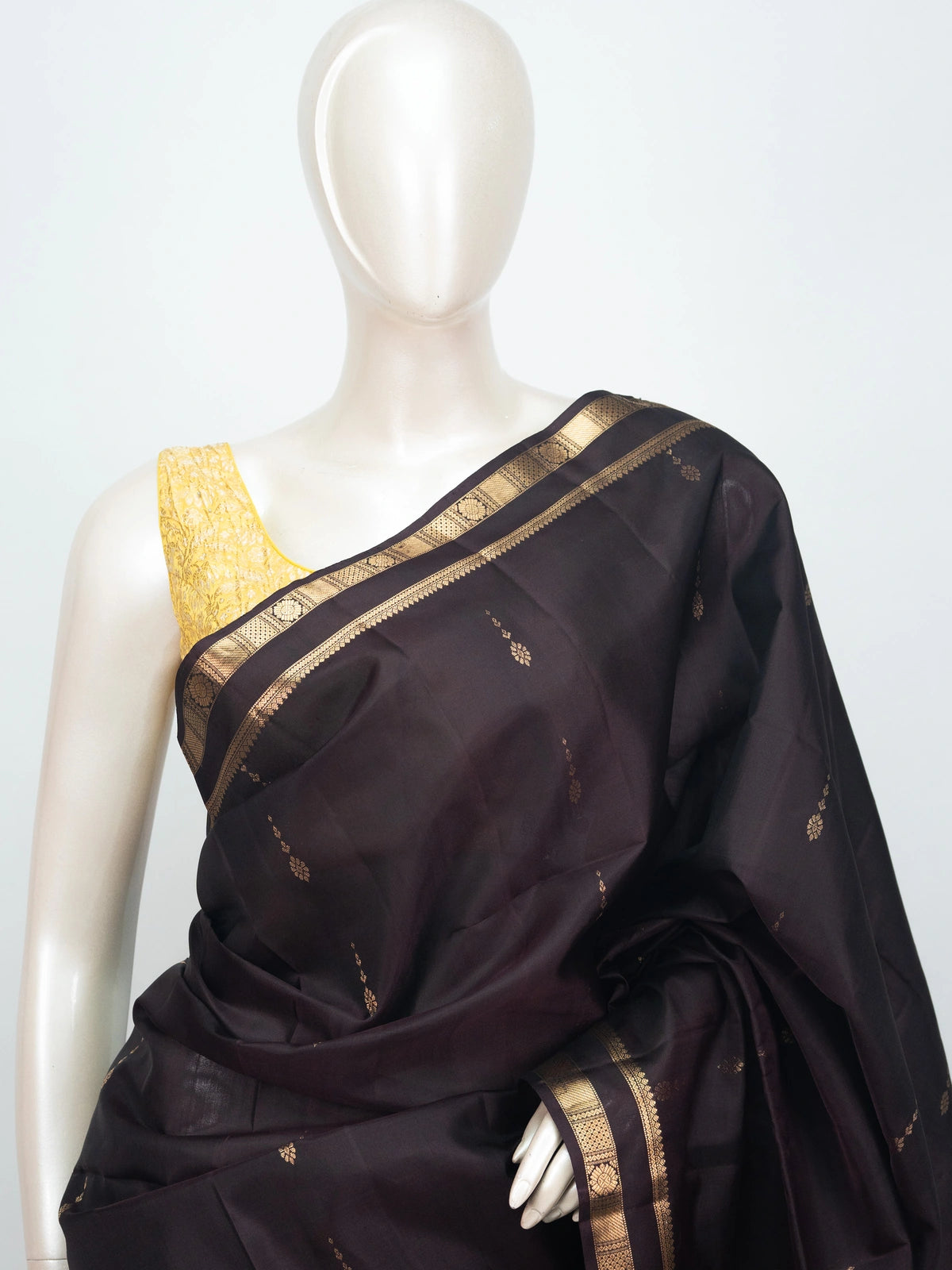 Deep aubergine soft silk saree with gold zari buttis, zari border and woven contrast pallu