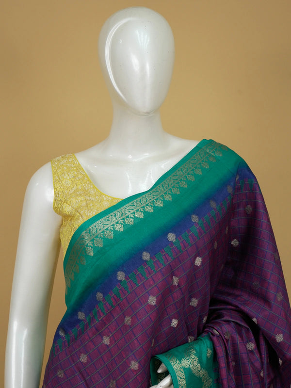 Purple Dola silk saree with teal green contrast zari border and silver zari buttas