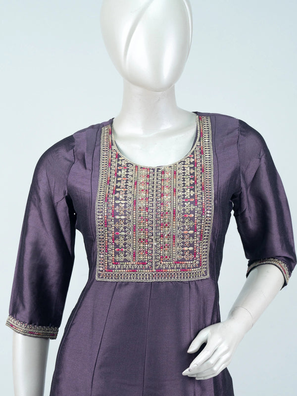 Dusty Purple silk blend embroidered Anarkali kurti top with ornate yoke and hem border