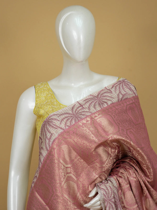 Pink and cream designer art silk saree with woven zari paisley body and contrast palm-tree printed border