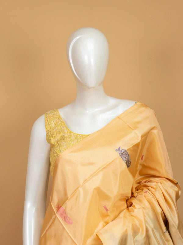 Golden yellow banana silk saree with plum contrast pallu, zari stripes and paisley buttas