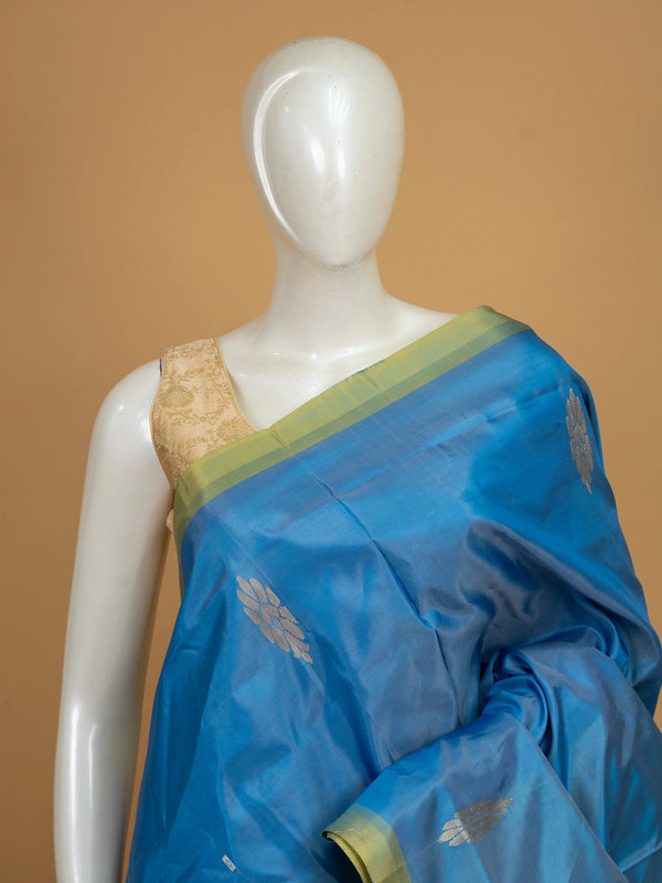 Blue Banana silk saree with yellow contrast pallu and silver zari floral buttas