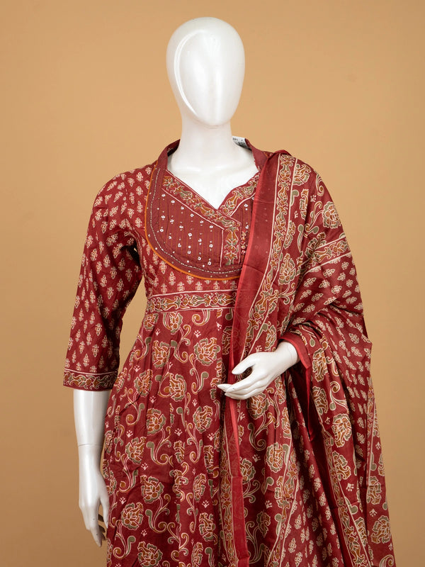 Maroon floral block print cotton Anarkali kurti set with embellished yoke, straight pants and printed dupatta