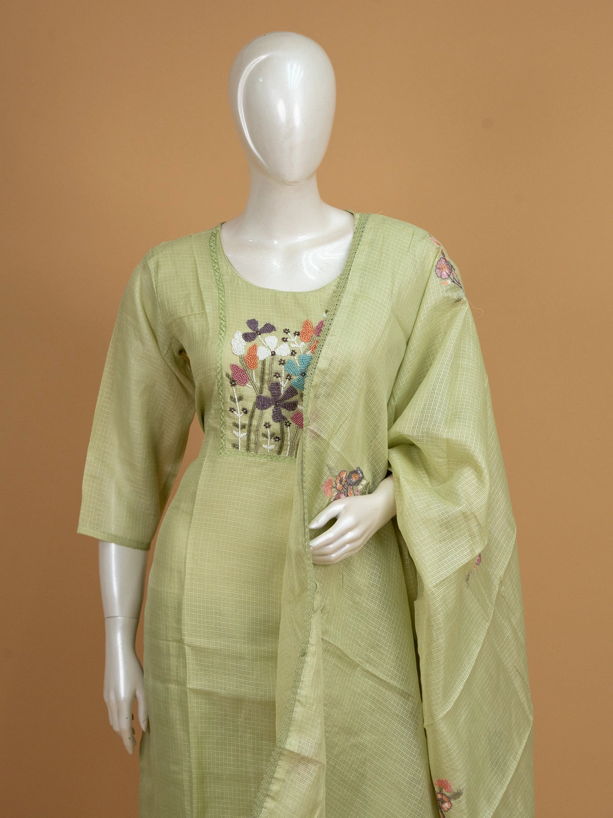 Pista green kota straight cut kurti set with multicolour floral beadwork and embroidered dupatta