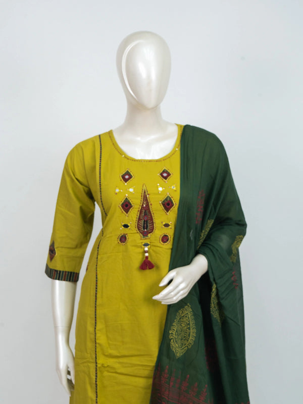 Mustard Green Cotton Mirror Work Straight Cut Kurti Set with dark green block-print dupatta