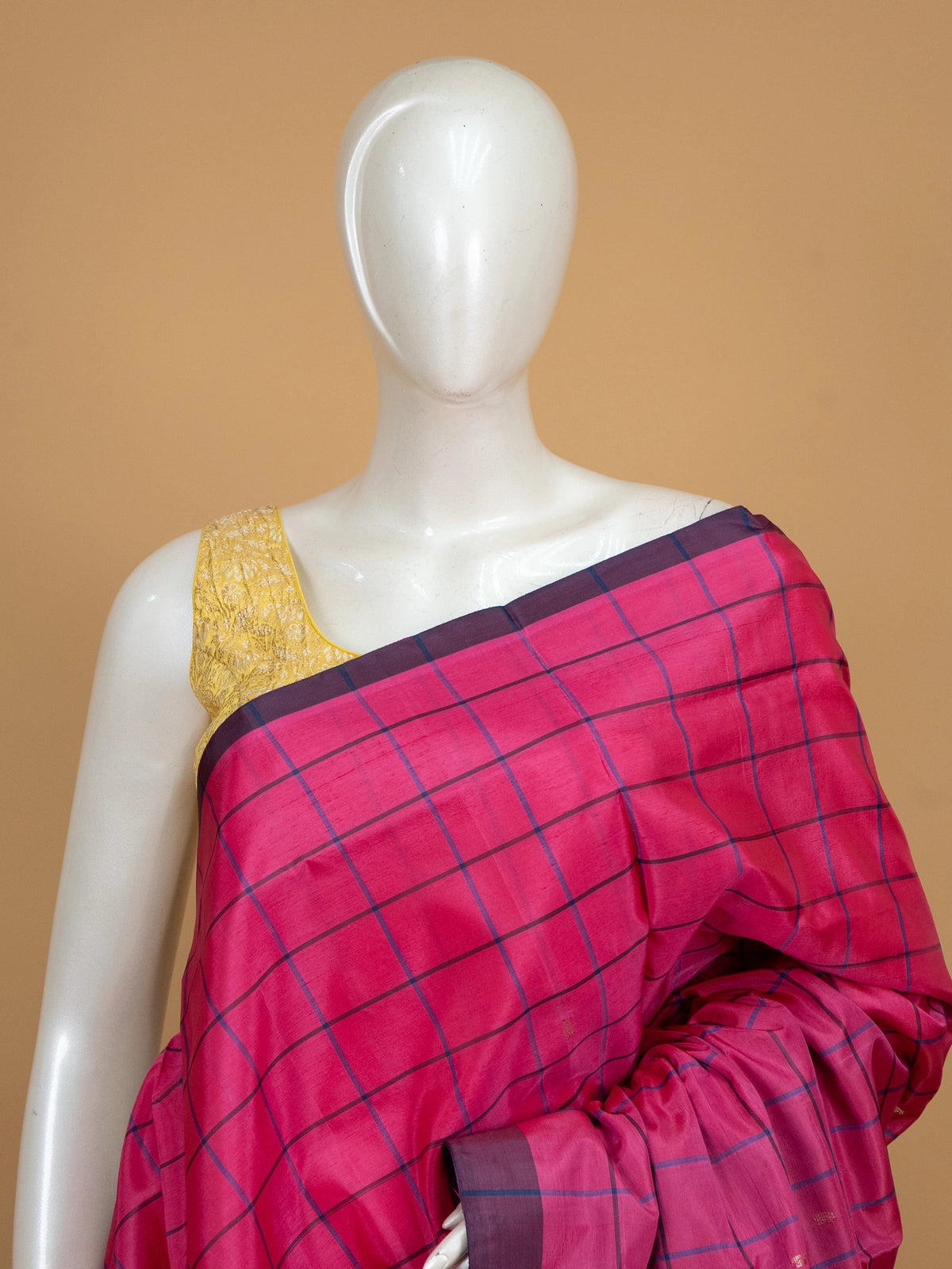 Pink and navy blue Banana Silk saree with blue checks and silver zari paisley pallu