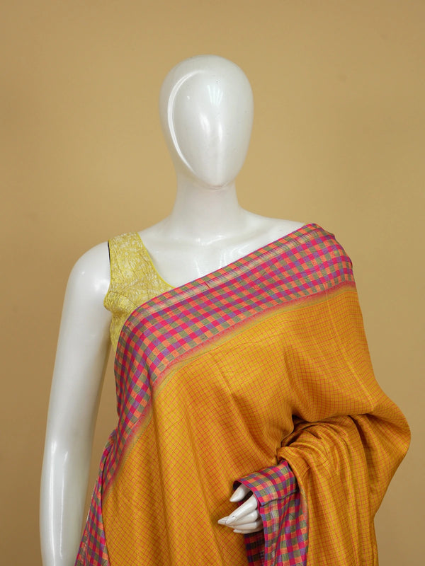 Mustard yellow Dola silk saree with pink checks and contrast multicolour checked border
