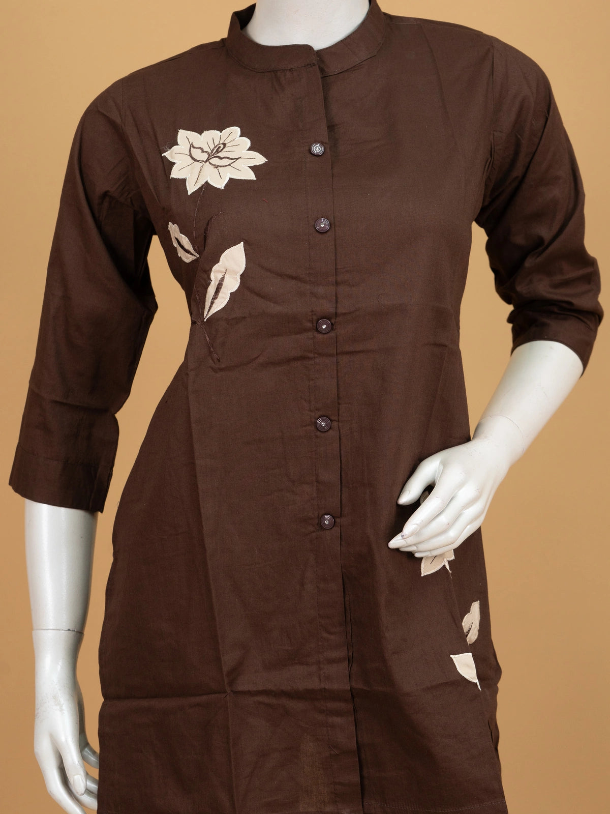 Brown floral applique cotton co-ord set with mandarin collar kurti and straight pants