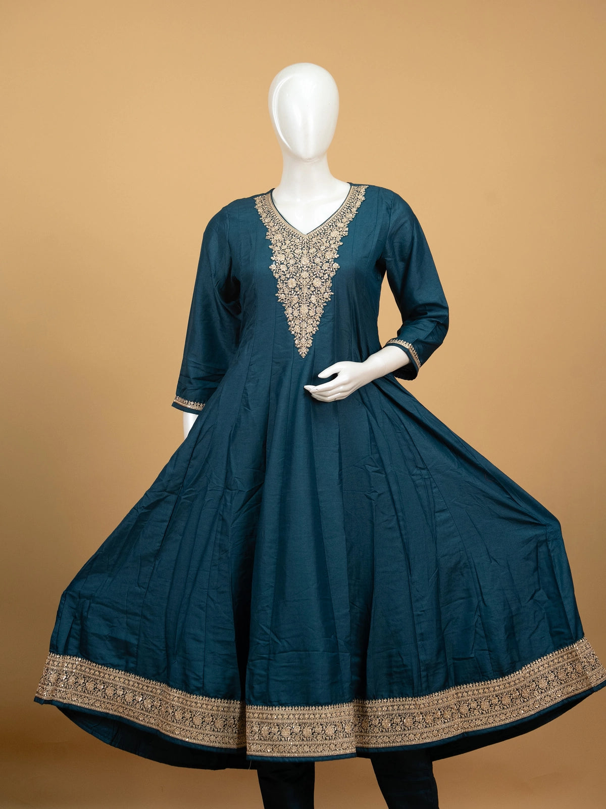Teal Blue Art Silk Zari Embroidered Anarkali Kurti Set with Bandhani Dupatta