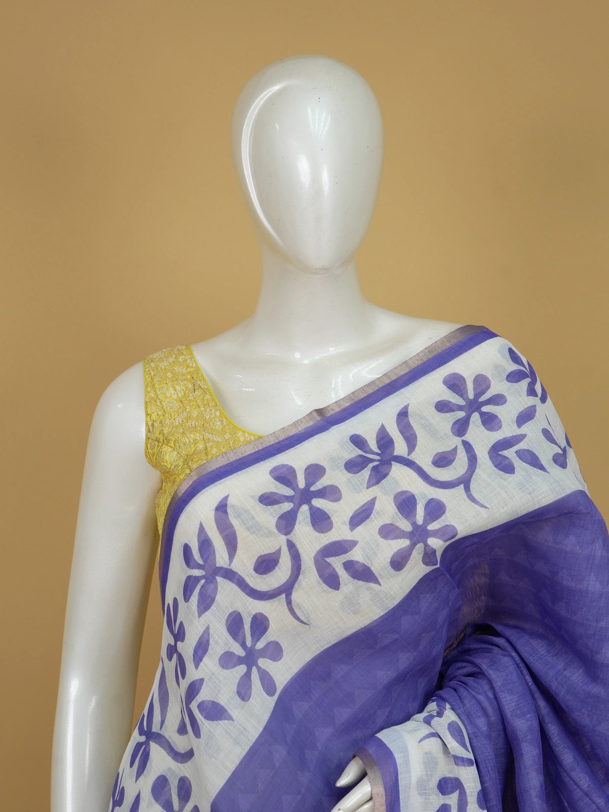 Purple and white floral printed linen cotton saree with white border and pallu