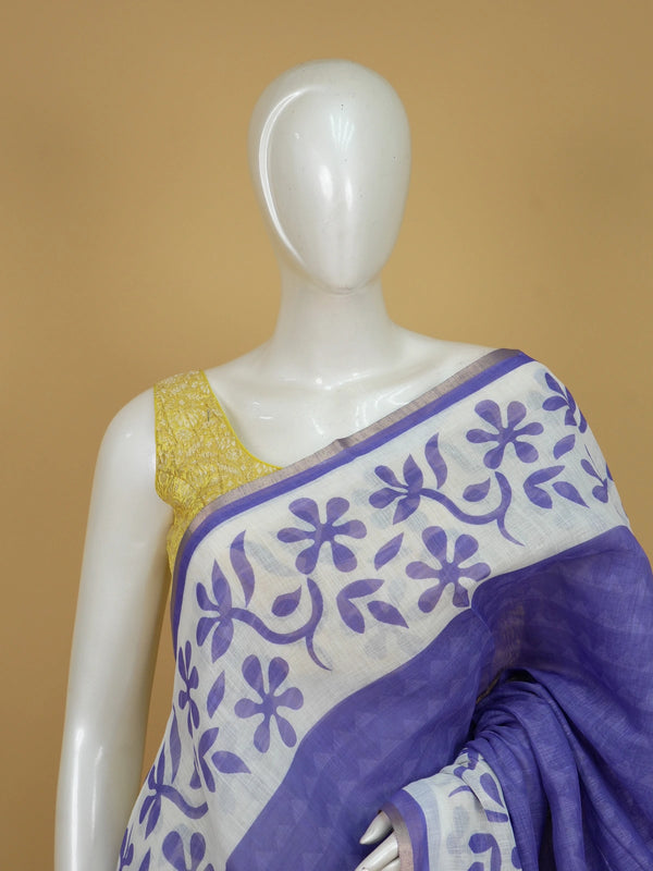 Purple and white floral printed linen cotton saree with white border and pallu