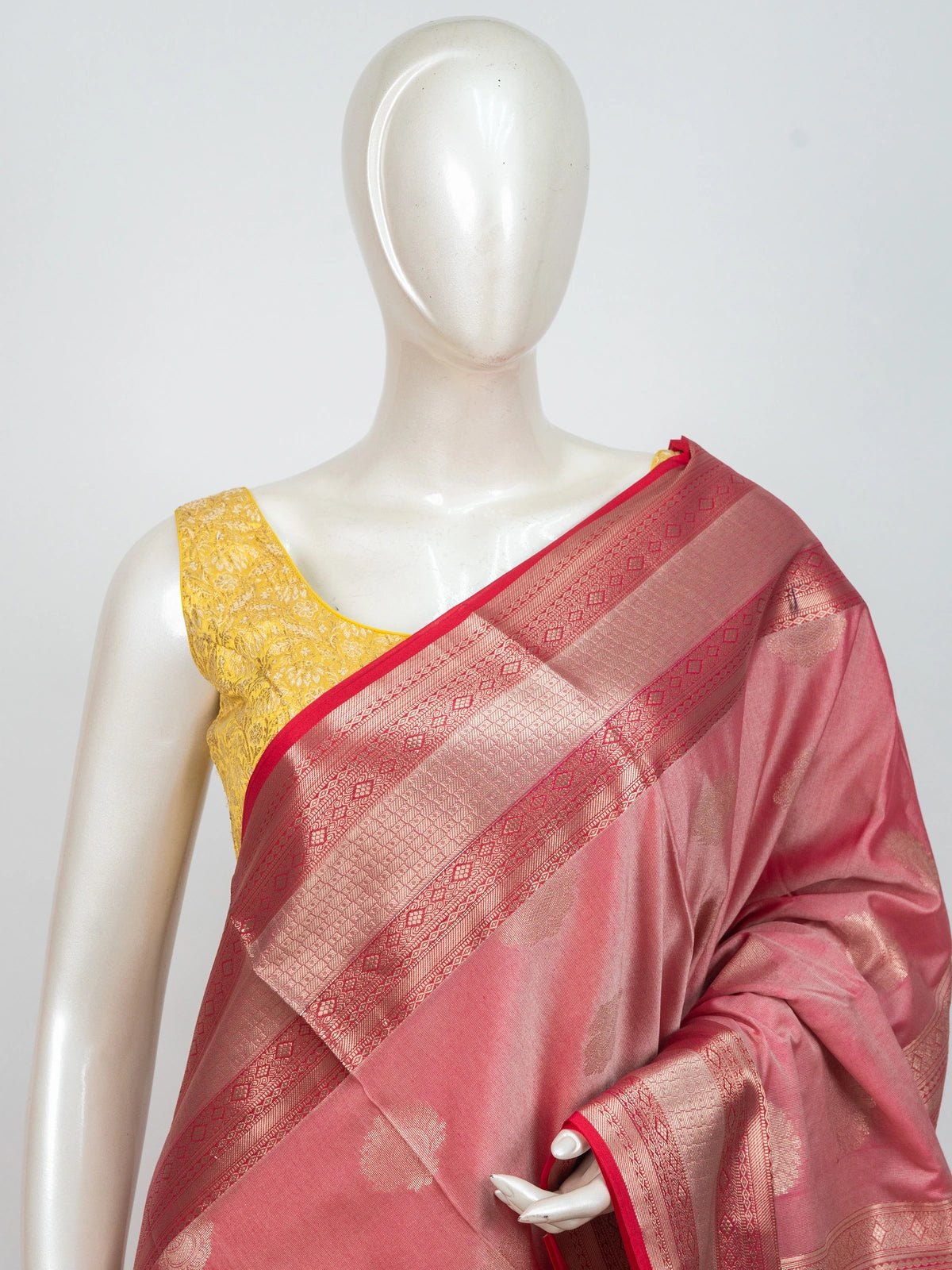 Rose pink and red semi silk saree with gold zari buttas and contrast zari border