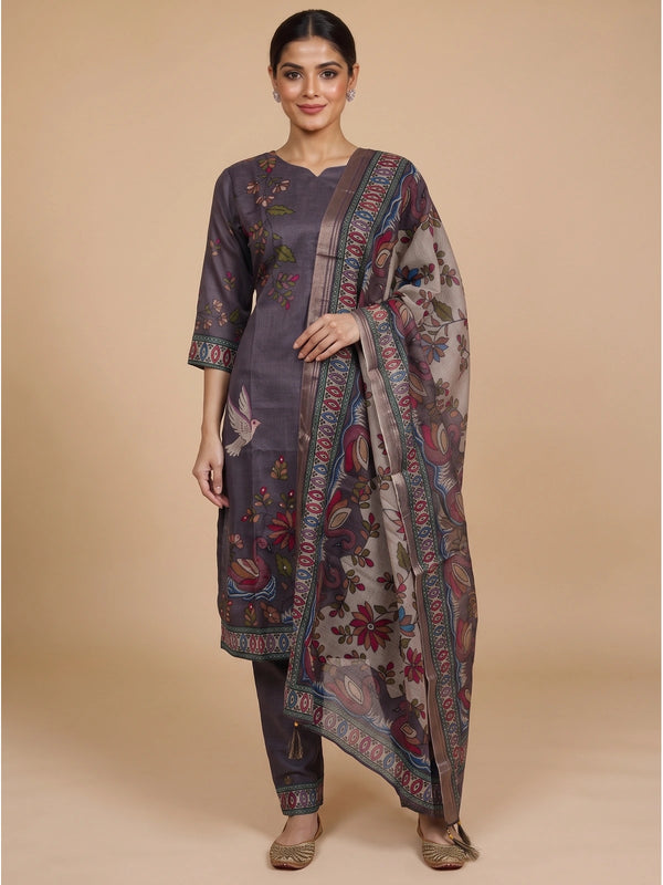 Mauve Kalamkari print straight kurti set with beige peacock print contrast dupatta and matching pants