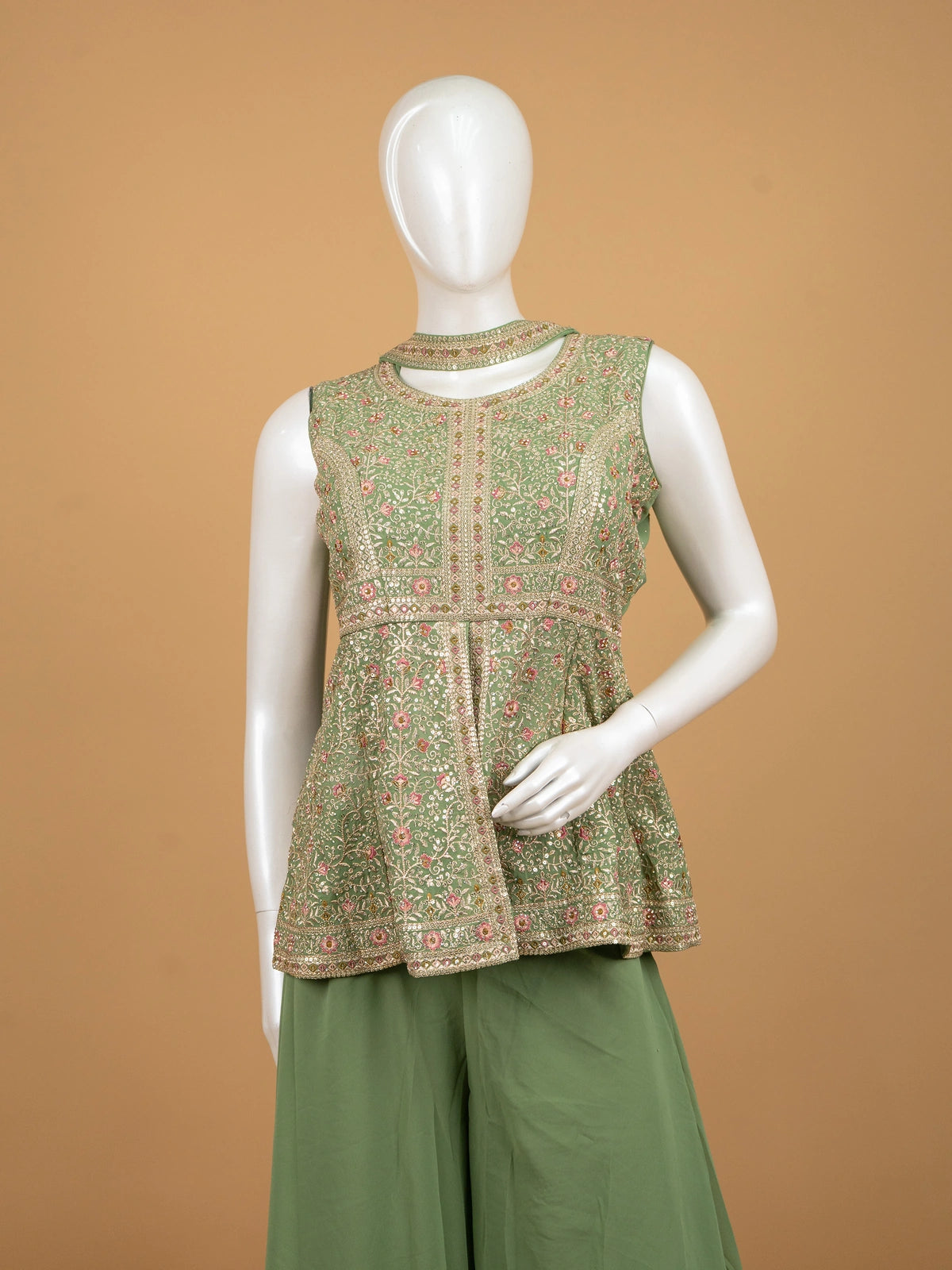 Sage Green floral embroidered sequin straight cut kurti set with dupatta