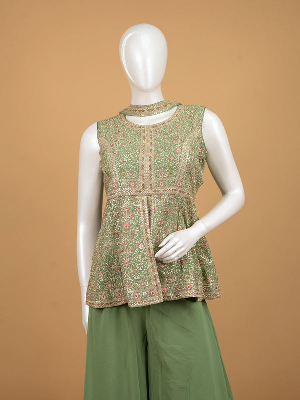 Sage Green floral embroidered sequin straight cut kurti set with dupatta