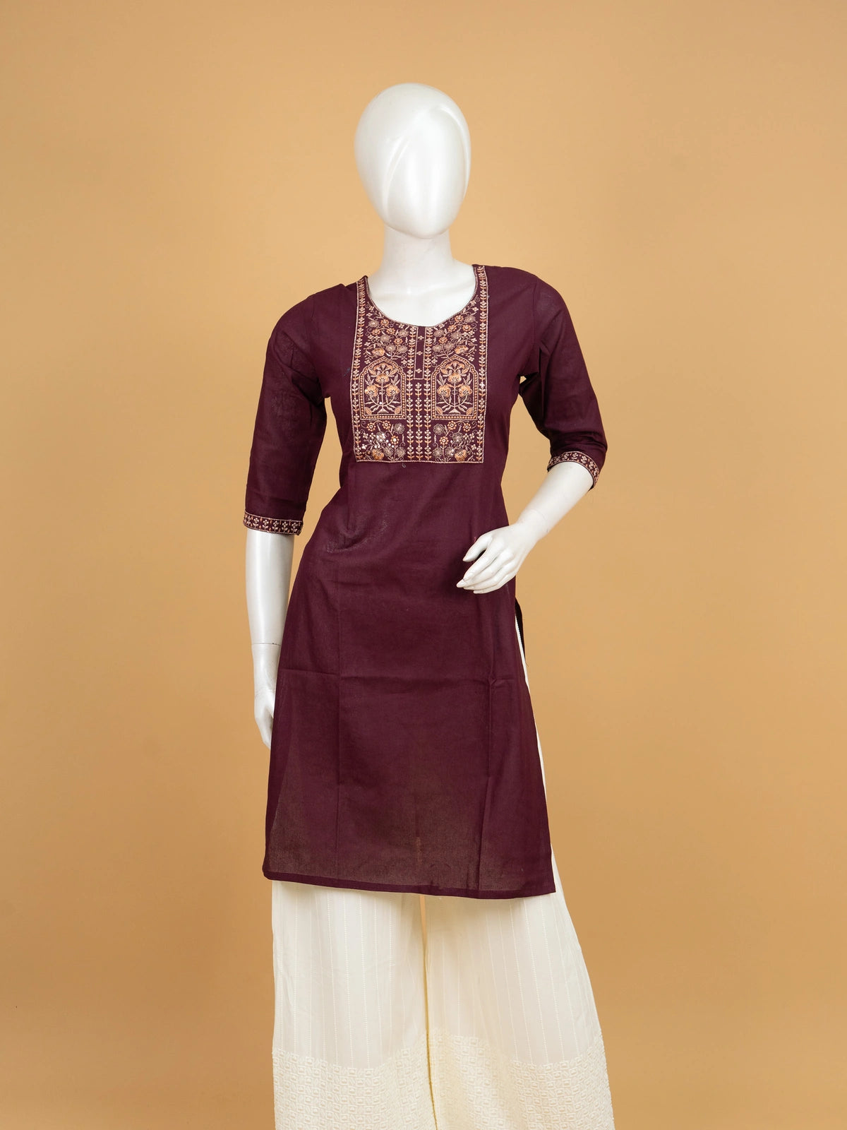 Wine cotton Anarkali kurti top with gold and copper zari embroidered yoke
