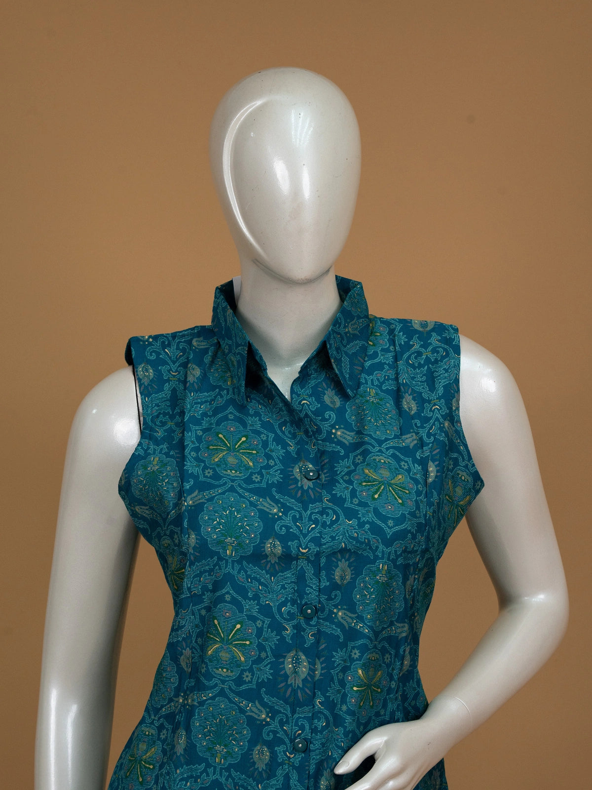 Teal cotton printed sleeveless collared co-ord kurti set with matching palazzo pants