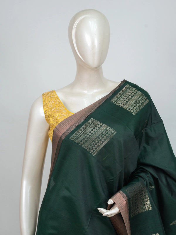 Bottle green semi silk saree with copper contrast border and gold zari pallu