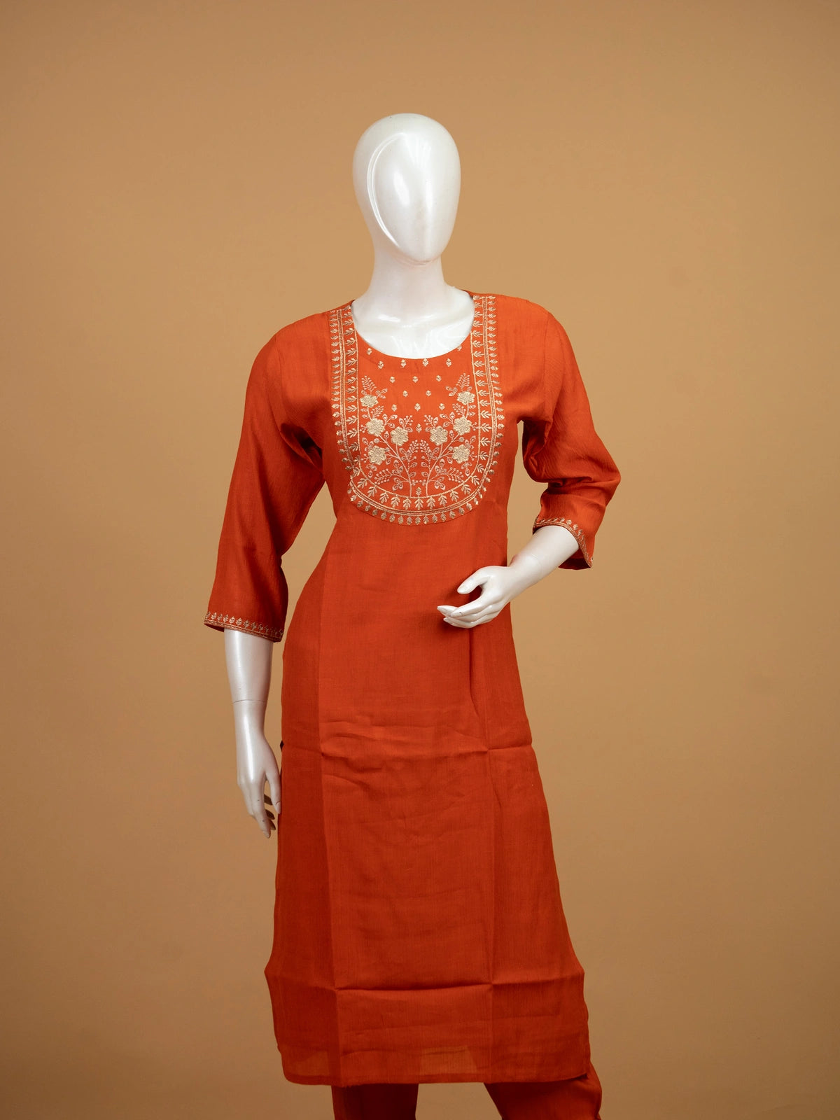 Orange zari embroidered cotton silk straight cut kurti set with printed dupatta