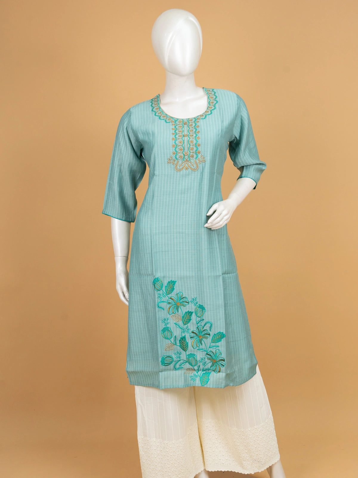 Sea Green cotton floral embroidered Anarkali kurti top with gold and teal thread work