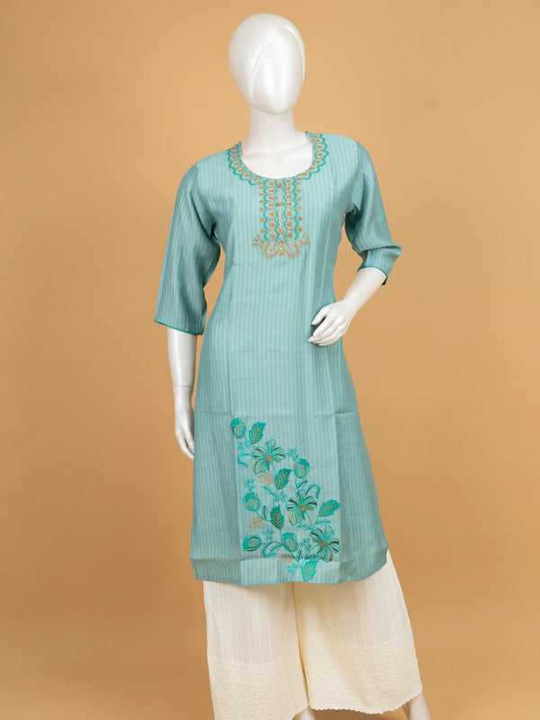 Sea Green cotton floral embroidered Anarkali kurti top with gold and teal thread work