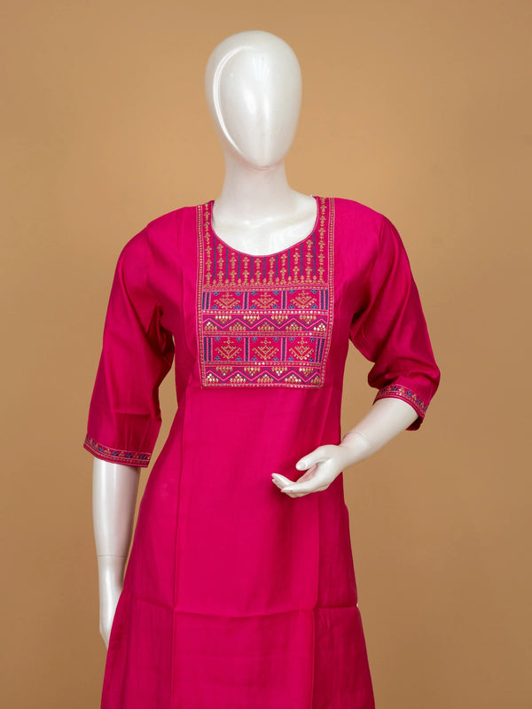 Rani Pink cotton embroidered straight cut kurti top with gold and blue yoke work