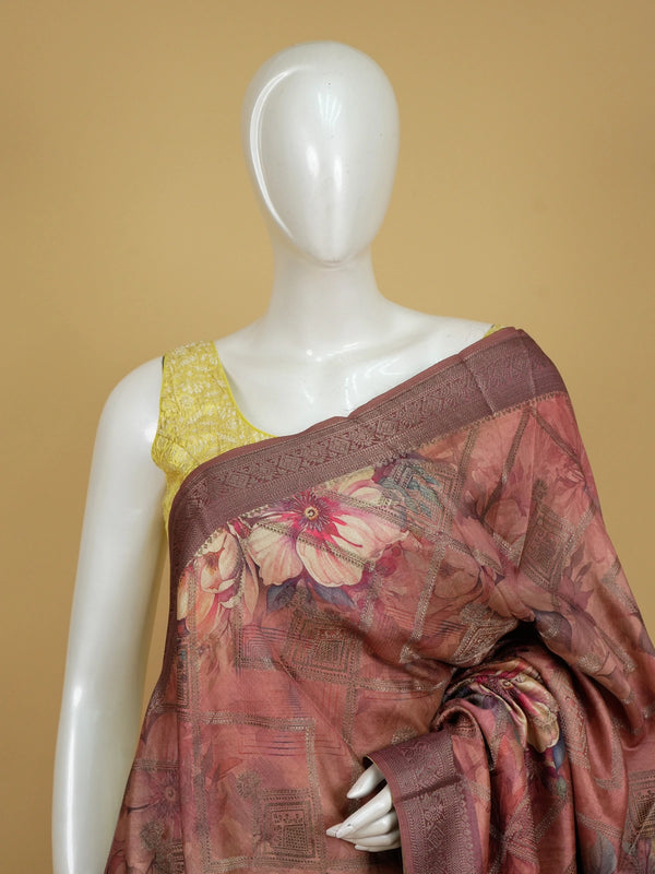 Dusty rose and mauve Semi Tussar saree with floral print and contrast zari border