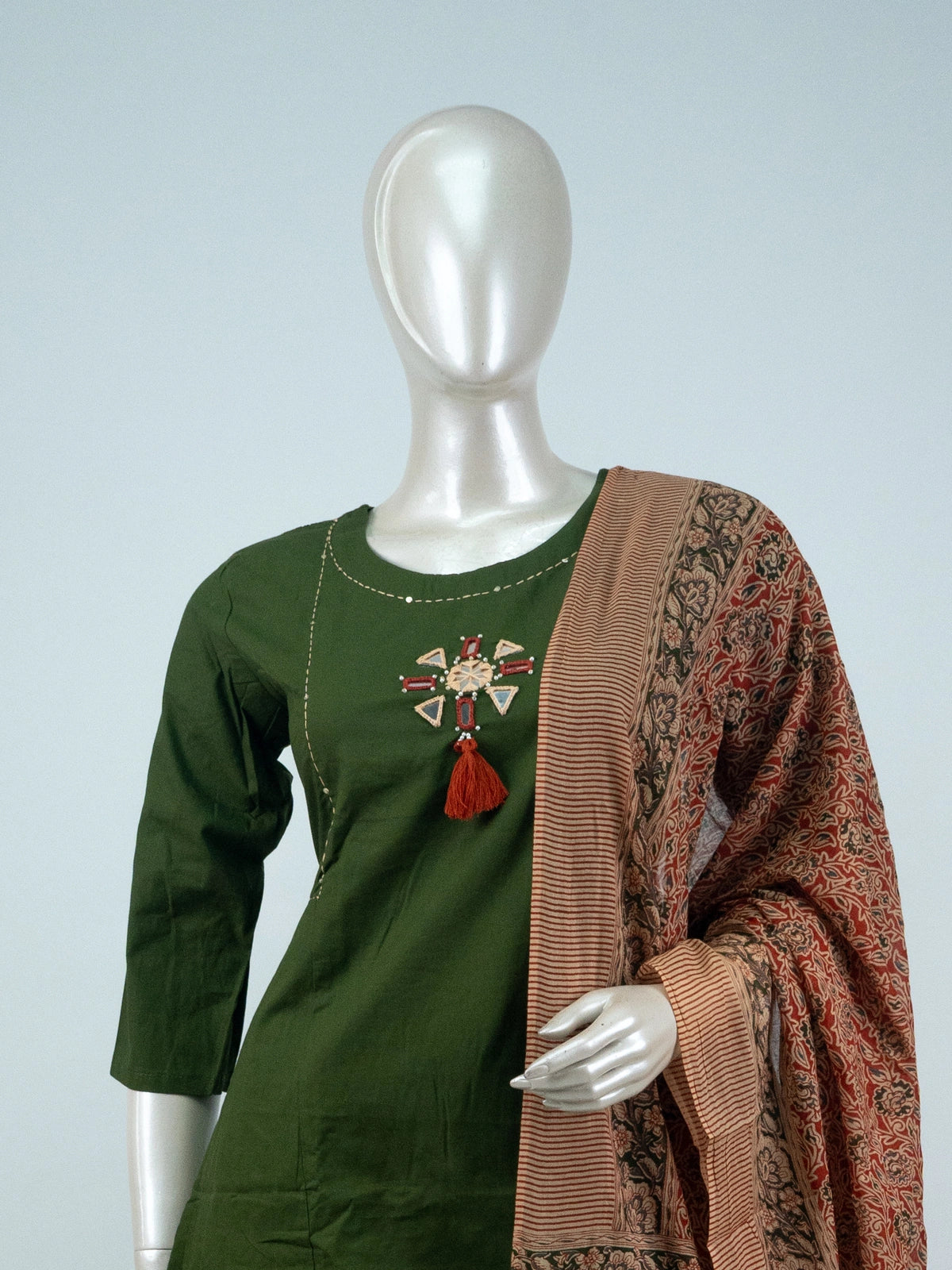 Mehendi green cotton mirror work Anarkali kurti set with rust printed dupatta and matching pants